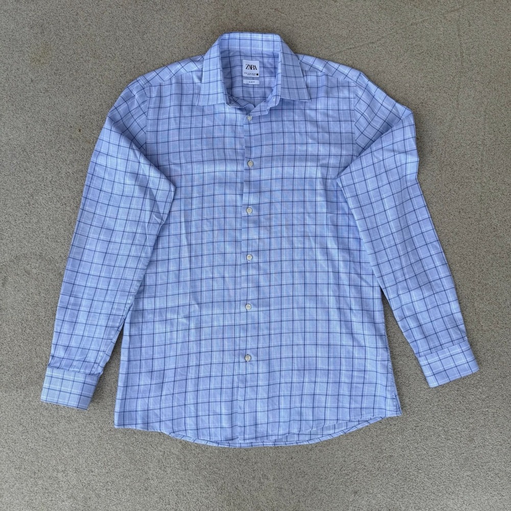 Zara Slim Fit Button-Up  Shirt Mens Medium - Blue Grid Check Long Sleeve